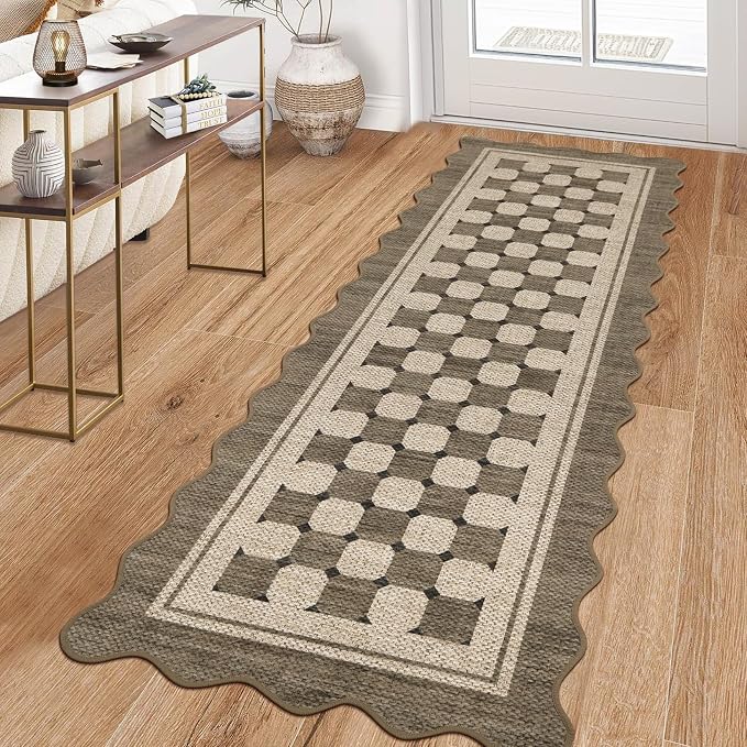 Garvee Easy Jute Scalloped Outdoor Runner Rug, 2x6 Washable Kitchen Rugs Non Slip Carpet Runners for Hallway 6ft, Checkered Farmhouse Non Shedding Lightweight Floor Carpet for Entryway Front Porch