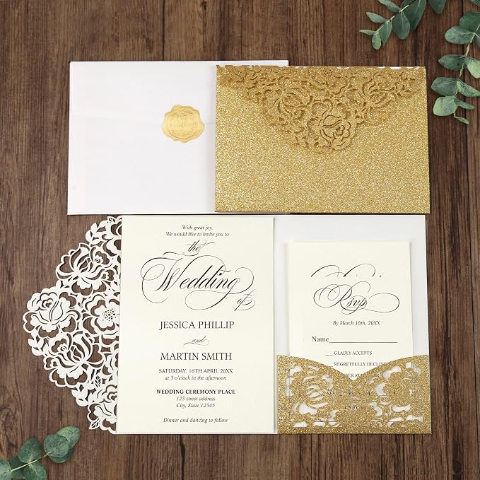 DORIS HOME Laser Cut Wedding Invitation Pockets, Gold Glitter, 5"x7" | 50pcs, With Envelopes, For Wedding & Anniversary, No Inserts Included