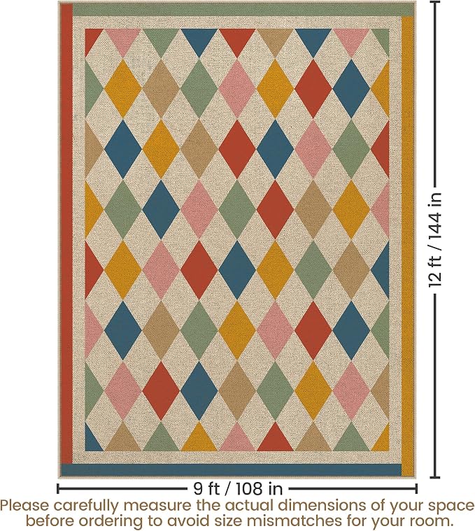 Washable Checkered Easy Jute Rug 9x12, Colorful Checkerboard Geometric Modern Outdoor Indoor Patio Large Rug, Woven Thin Carpet Mat for Living Room Bedroom Classroom Nursery Play Room Backyard