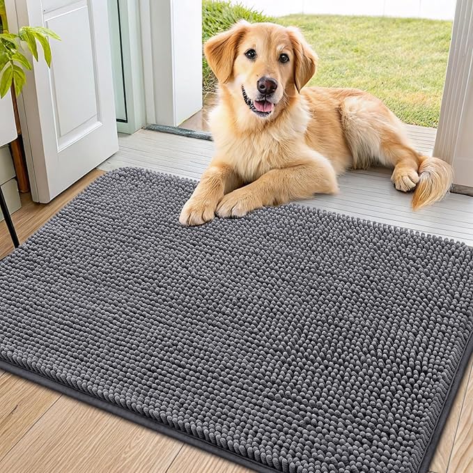 Smiry Dog Door Mat for Muddy Paws 34x21, Absorbent Dirt Trapper, Non-Slip Washable Chenille Entryway Rug for Inside Floor, Dark Grey, Classic Solid