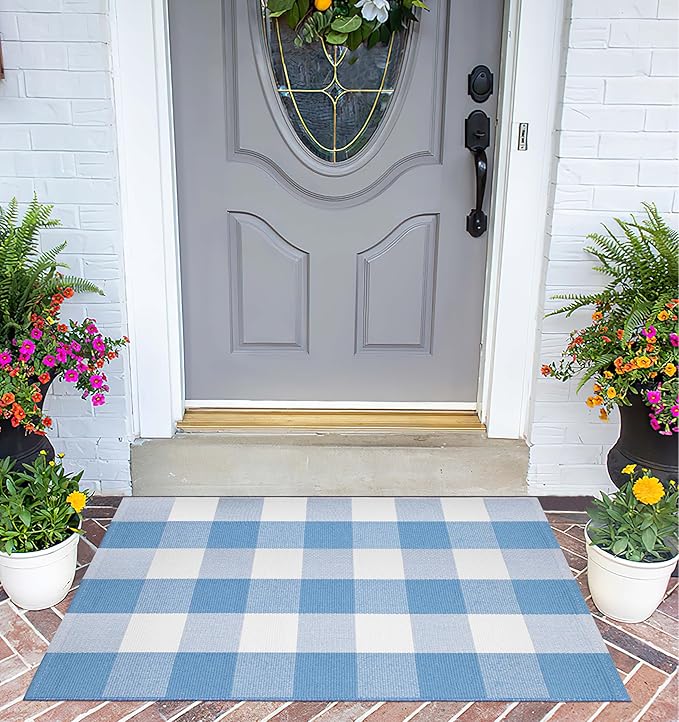 Light Blue and White Outdoor Rug 24''x35'' Buffalo Plaid Porch Mat Cotton Woven Washable Carpet for Layered Doormat Hello/Welcome Door Mat,Kitchen,Farmhouse,Entryway