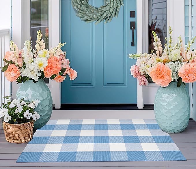 Light Blue and White Front Door Mat 24''X35'' Buffalo Plaid Checked Front Porch Rug Cotton Woven Washable Rug Layering Doormat for Welcome Door Mat Entryway Dining Room Bedroom Living Room