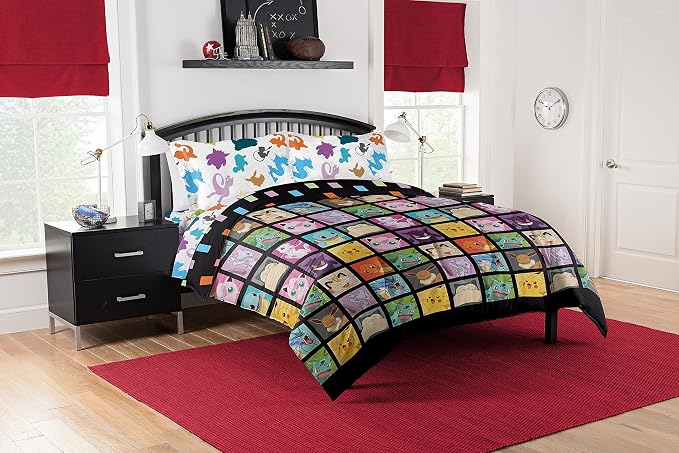 Northwest Pokemon Kanto Favorites Full Size Bed in a Bag Set, Pikachu Charmander Squirtle Bulbasaur, Kids Boys Girls Bedding Comforter Sheets