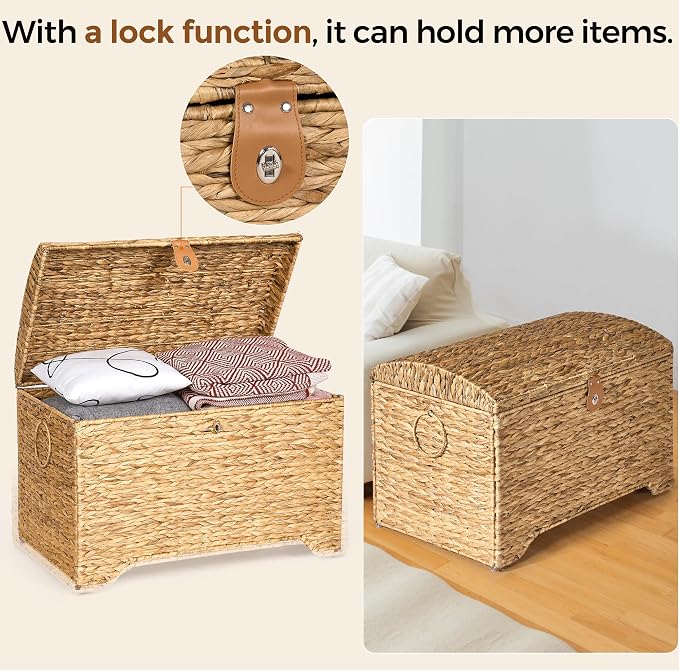 Honjourai Handwoven Storage Basket with Lid, 178L Wicker Storage Trunk | Natural Water Hyacinth Storage Chest, Leather Buckle, Metal Frame, Metal Ring Handles for Easy Transport
