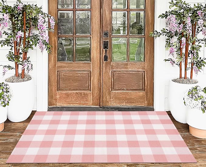 Pink Area Rug 3x5 for Entryway, Checkered Porch Rug, Cotton Washable Throw Rug for Beside Girls' Bedroom, Classroom Kitchen Front Door Indoor Outdoor Entrance