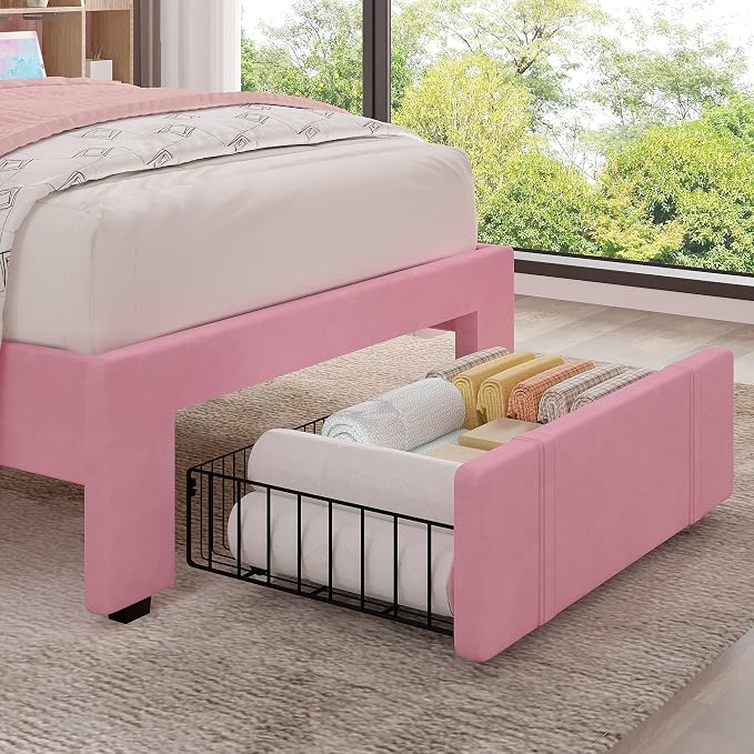 VECELO Twin Size Upholstered Bed Frame with Drawer and Headboard, Velvet Platform Storage Bedframe, Wooden Slats Support, No Box Spring Needed,Pink