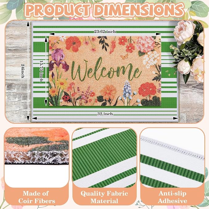 2 Pcs Floral Welcome Doormat Set, Front Door Mat with Non Slip Rubber Backing, Spring Outdoor Entryway Porch Mat Decor Farmhouse Floral Welcome Mat Set for Seasonal Home Indoor Decor