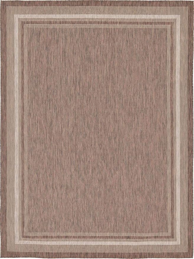 Unique Loom Outdoor Border Collection Area Rug - Soft Border (9' x 12' Rectangle, Brown/ Ivory)