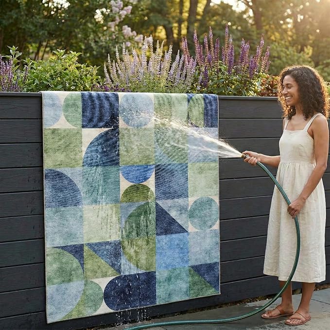 ReaLife Rugs Machine Washable Indoor Outdoor - Mat Rug Foldable Printed Thin Lightweight Cushioned Fade Resistant Patio Deck Dock Porch Pool Balcony Camping - Naya - Blue Green 5' x 7'