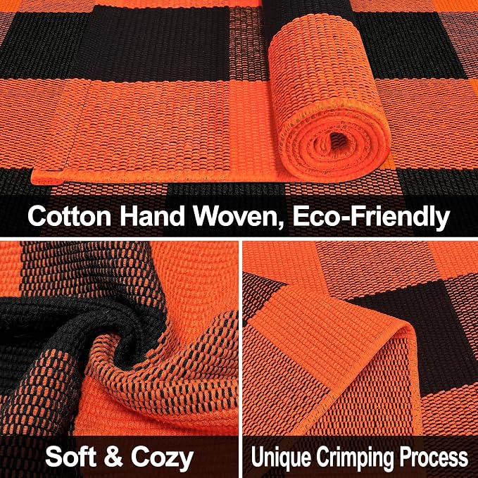 Buffalo Plaid Outdoor Rug Orange and Black 2x4.3 Cotton Woven Checkered Rug Washable Halloween Front Porch Rug Layered Fall Outdoor Mats for Front Door Autumn Farmhouse Entryway Patio Decor