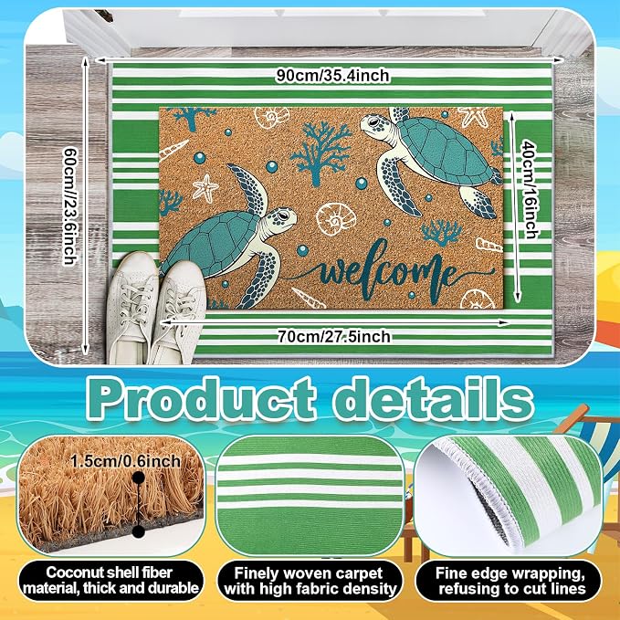 Moucuny 2 Pcs Summer Beach Coir Door Mat Coastal Sea Turtle Doormat 24'' x 35'' Green and White Striped Outdoor Rug 16'' x 28'' Ocean Beach Non Slip Seasonal Welcome Doormat for Porch Front Decor