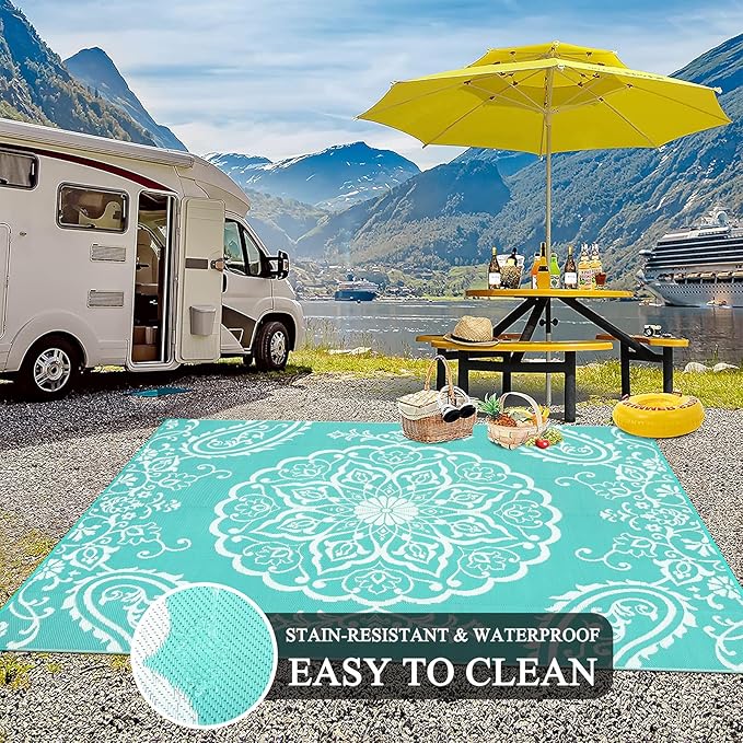Pauwer Outdoor Rug 8x10, Waterproof Plastic Camping Rug, Boho Light Blue | Reversible Patio Rug, UV Resistant Indoor Outdoor RV Mat Carpet For Deck, Camper, Porch, Balcony, Backyard, Picnic, Foldable