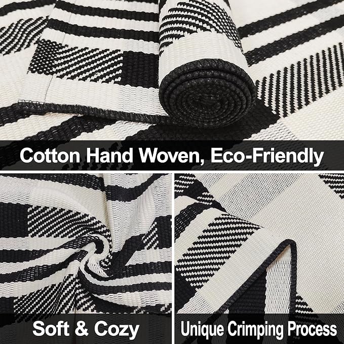 Buffalo Plaid Rug 8x10 Feet Cotton Woven Buffalo Check Area Rug Black and Off White Checkered Outdoor Washable Indoor Outdoor Carpets for Living Room Bedroom Farmhouse Patio
