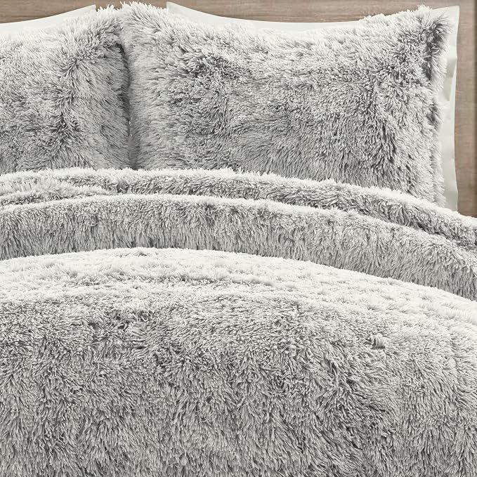 Lush Decor Emma Cozy Soft Fluffy Two Tone Faux Fur Comforter Set, King, Gray - College Dorm Shaggy Plush Warm 3 Piece Bedding Set