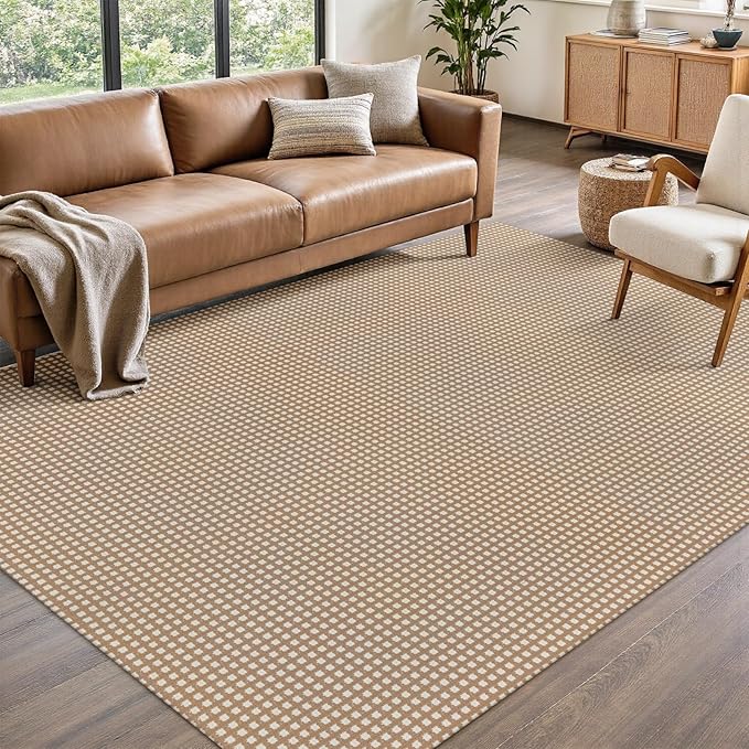 Rugalia Washable Woven 5x7 Area Rug, Camel Natural Cotton Living Room Rugs Low Plie Non-Slip Outdoor Patio Rug, Modern Farmhouse Neutral Plaid Floor Carpet for Dining Room Bedroom Balcony