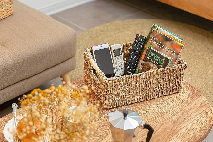 VATIMA Seagrass Baskets with Wooden Handles, Set of 3 Decorative Natural Wicker Baskets for Kitchen
