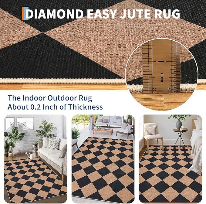 GarveeHome Checkered Easy Jute 5x7 Area Rugs for Living Room Machine Washable Non-Slip Backing Stain Resistant Modern Indoor Outdoor Rugs for Farmhouse Dining Room Patio Black Tan