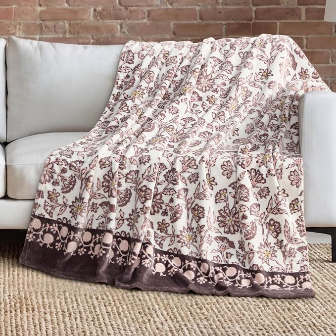 Lucky Brand 50" x 70" Plush Throw Blanket, Floral Cocoa Brown Blanket for Sofa or Bed