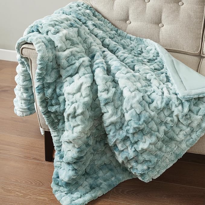 Madison Park Ruched Fur Throw Faux Fur Blanket, 50" x 60", Blue Tie Dye | Luxury, Premium, Soft Cozy Brushed Long Pile, All Season Plush Modern OEKO- TEX Certification Warm For Bed, Couch or Sofa