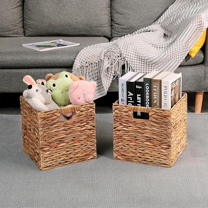 11x11in Collapsible Wicker Storage Basket with Handles 2 Pack | Handwoven Storage Bins for Organizing Storage Basket for Home, Organizer, decor