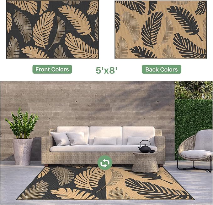 GENIMO Outdoor Rug, Waterproof Plastic Rugs for Patio, 5'x8' Black Brown | Outside Larger Leaf Carpet Mat for Porch Decor, Deck, Balcony, Camping, RV, Backyard, Picnic, Beach, Reversible, Foldable