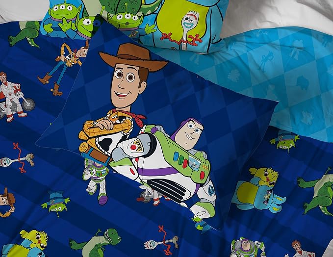 Disney Toy Story Woody Full Size Comforter Set 5 Piece Kids Bedding, Blue | Buzz Jessie, Bed in a Bag, Comforter Sheets Pillowcases, Official Product, Soft Microfiber, Machine Washable, Kids Gift