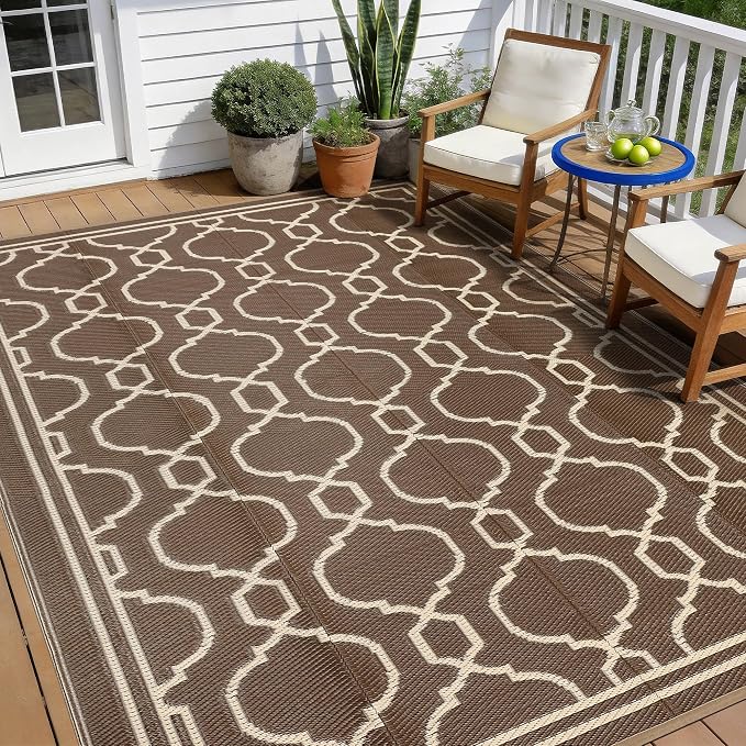 Garvee 8 x 10 Outdoor Rug Waterproof for Patio, Foldable Reversible Plastic Straw Area Rug, Large Mats for Camping, RV, Balcony, Deck, Picnic, Beach, Brown & Beige