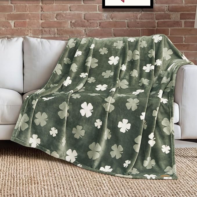 Lucky Brand 50" x 70" Plush Throw Blanket, Clover Toss Green Blanket for Sofa or Bed