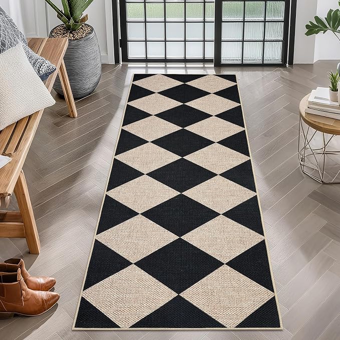 GarveeHome Checkered Easy Jute Runner Rug 2x6 Non-Slip Machine Washable Stain Resistant Indoor Outdoor Rugs for Living Room, Bedroom, Kitchen, Dining, Patio - Farmhouse Style Black