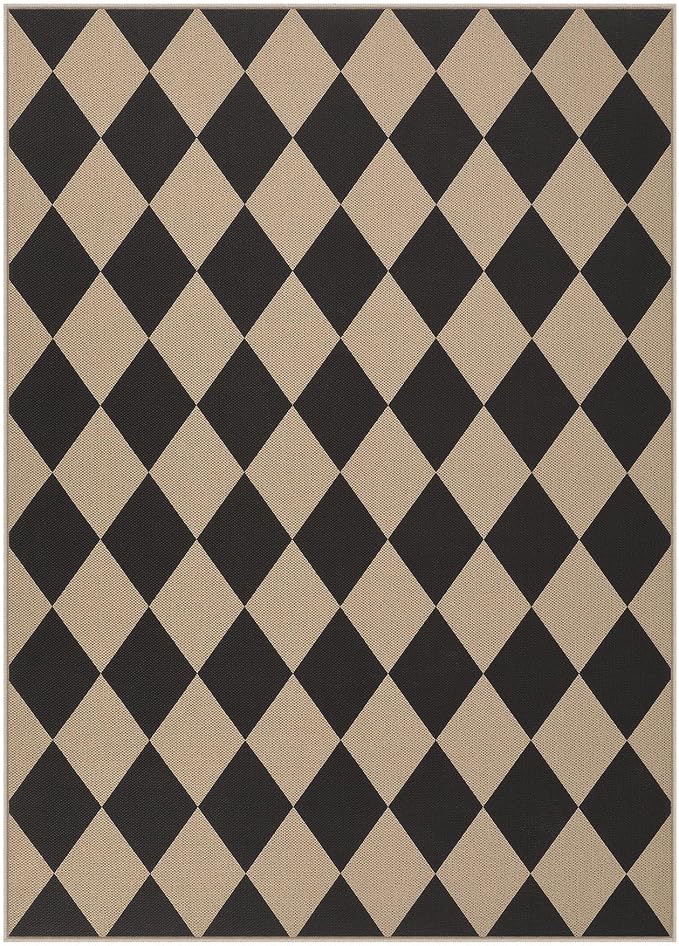 Tribesigns 5x7 Black Checkered Easy Jute Outdoor Patio Rugs for Backyard | Washable, Non-Slip Diamond Rug for Living Room, Porch, Dining Area, Camping, Rv and Indoor Outdoor Use, Includes 4 Rug Tapes