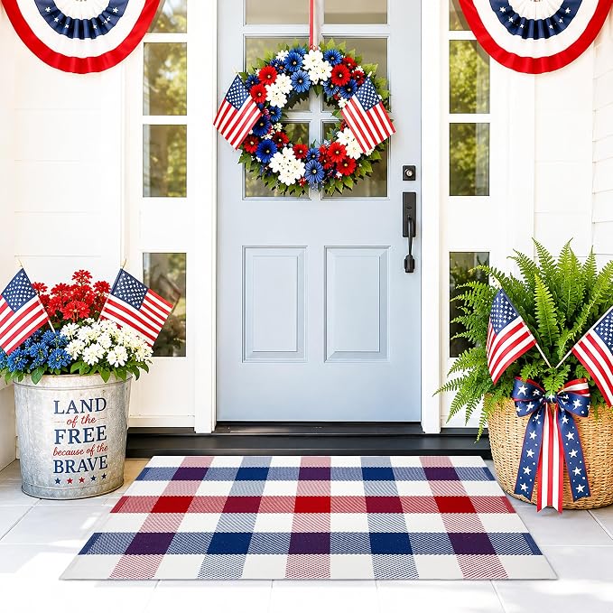 4th of July Door Mat Rug 28"x43", Patriotic Outdoor Rug, Red White and Blue Plaid Rug for Front Porch, Patriotic Door Mat for Indoor Outdoor Entryway Farmhouse Decor
