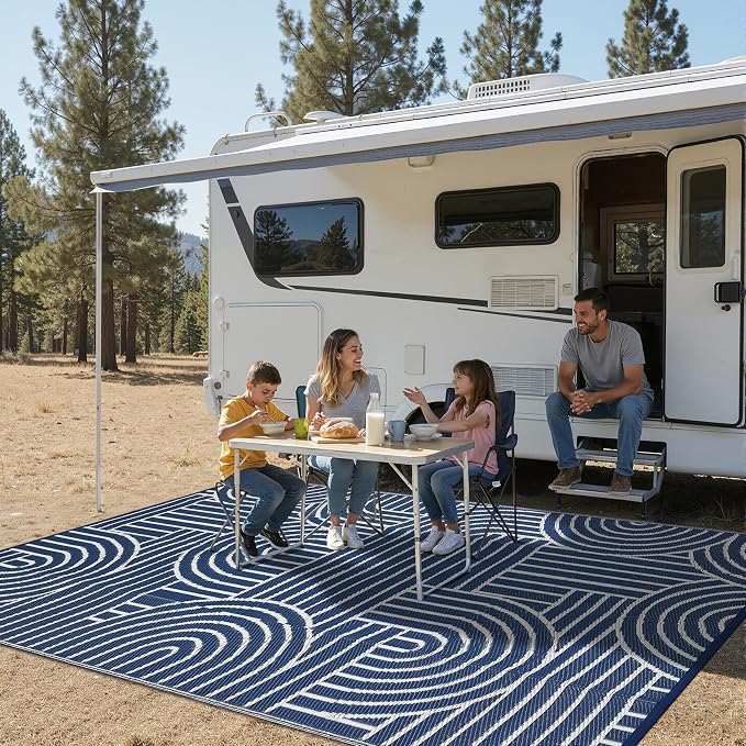 Garvee Reversible Rainbow Outdoor Rug 8x10, Waterproof Outdoor Plastic Straw Rug, RV Mat for Picnics, Patio, Camping, Balcony, Deck, Backyard, Porch, Blue