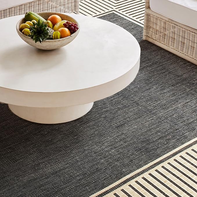 Nuloom Asha Dark Grey/Ivory, 8' Round, Casual, Striped Border, Soft and Cozy, High Traffic, Stain Resistant, Easy Clean, Durable Area Rug for Indoor/Outdoor Patio, Deck, Porch, Garden, Courtyard