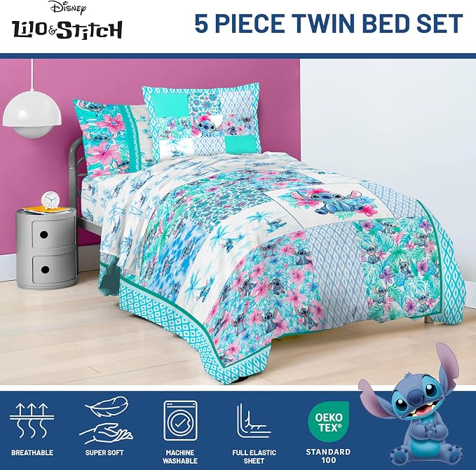 Disney Lilo and Stitch Twin Comforter Set 5 Piece Bedding for Girls, Multi | Bed in a Bag, Comforter Sheets Sham Pillowcase, Official Product, Soft Microfiber, Machine Washable, Easy Care, Girls Gift