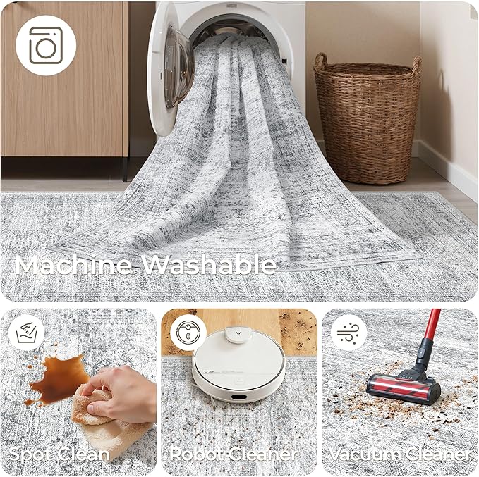 3x18 Washable Runner Rug for Hallway, Non-Slip Long Hallway Runner for Entryway, Soft Vintage Kitchen Mats for Floor, Abstract Dining Room, Bedroom, Living Room Rugs(3'x18', Grey/Ivory)