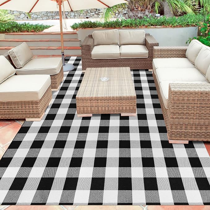 Buffalo Plaid Rug - 6x9 Feet, Black and White Checkered, Cotton Woven, Washable Indoor/Outdoor Area Rug for Living Room, Dining Room, Bedroom, Patio