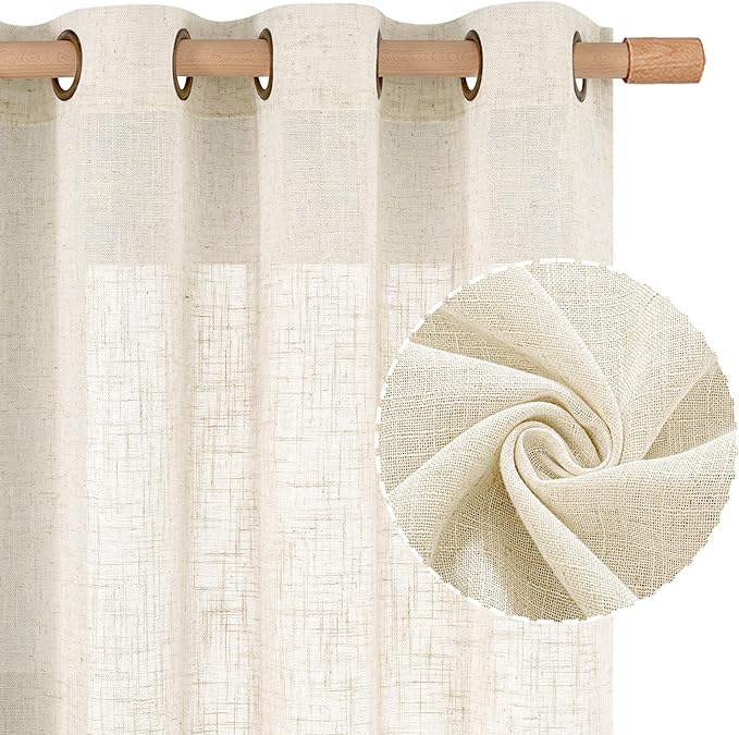 LAMIT Natural Linen Semi Sheer Curtains 45 Inch Length, Light Filtering Short Linen Neutral Decorative Window Drapes with Bronze Grommet for Bedroom/Kitchen, Cream Ivory, 2 Panels Set, 52 X 45 Inch