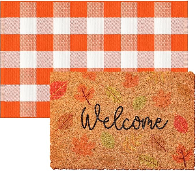 Moucuny 2 Pcs Fall Nature Coir Doormat Outdoor Maple Leave Welcome Mat, Orange and White Plaid Outdoor Rug Non Slip Floor Door Mat for Entrance Front Porch Decor, 24'' x 35'', 16'' x 28''