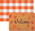 Moucuny 2 Pcs Fall Nature Coir Doormat Outdoor Maple Leave Welcome Mat, Orange and White Plaid Outdoor Rug Non Slip Floor Door Mat for Entrance Front Porch Decor, 24'' x 35'', 16'' x 28''