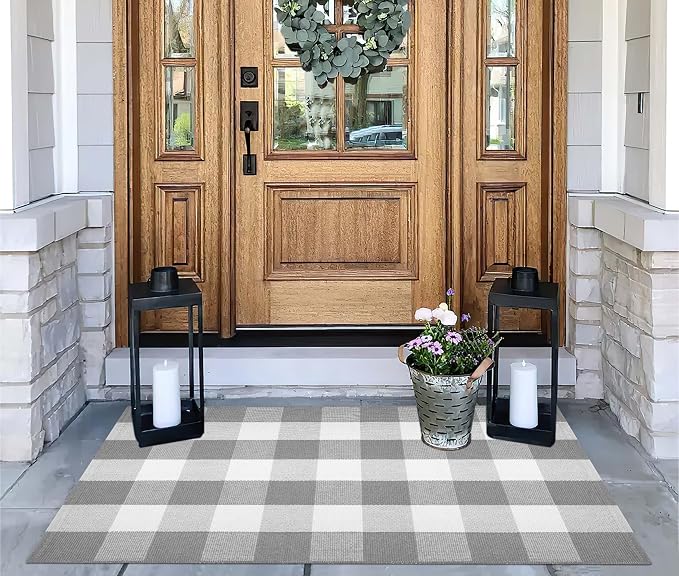 Grey and White Plaid Rug 27.5''x 43.3''Buffalo Checkered Outdoor Layered Door Mat Cotton Woven Machine Washable Farmhouse Mat for Indoor,Outdoor, Kitchen, Farmhouse, Entryway,Bathroom
