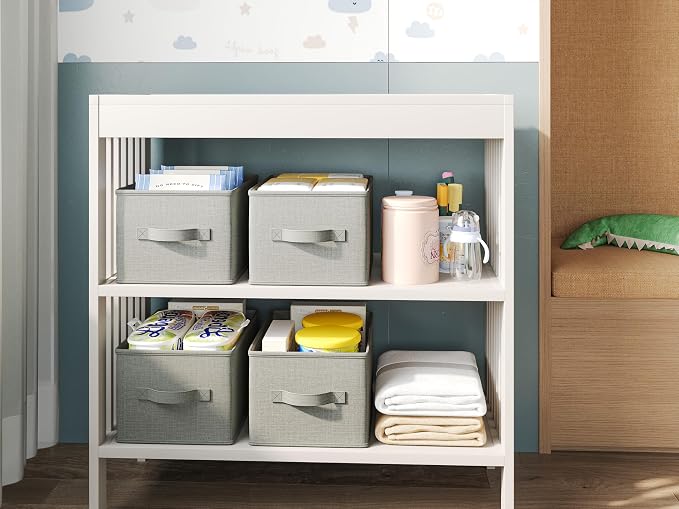 LayerSpace 3 Pack Fabric Storage Bins for Shelves | 14.75x10.25x8.25 in Storage Baskets | Fabric Closet Organizers with Handles Home Organization | Linen Clothes Storage Bins | Light Gray | Thickened Rigid PP Panels, Cotton-linen Shelf Baskets, Measure...