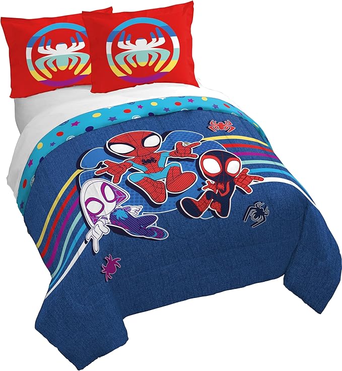 Jay Franco Duvet Cover Set – 3 Piece Comforter Cover and Sham Set, Super Soft Cozy Kids Bedding (Insert Not Included) Blue - Spidey & Friends, Full