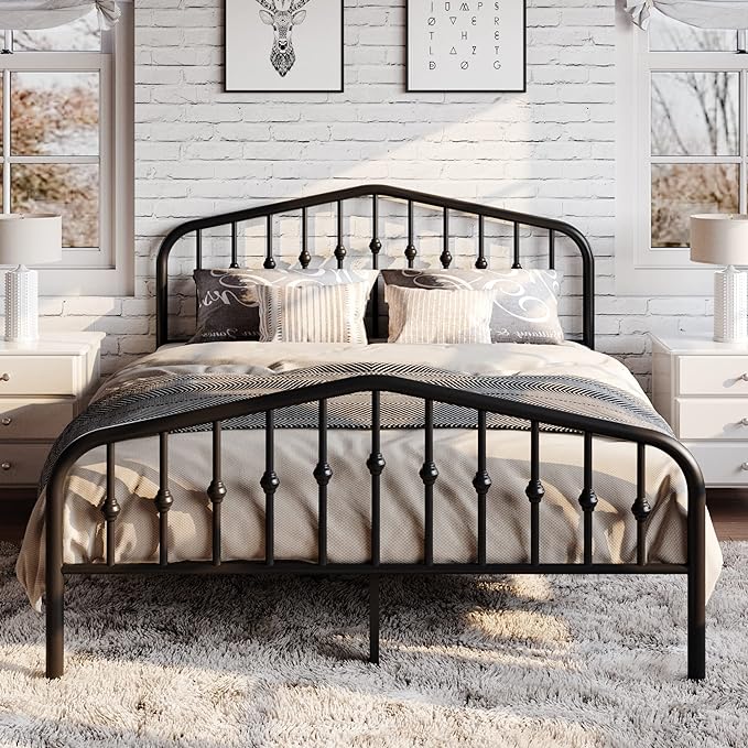 SHA CERLIN Full Size Metal Bed Frame with Wrought Iron-Art Headboard, Black | Victorian Style Metal Platform Bed Frame, Wrought Iron-Art Headboard and Footboard, Under-Bed Storage, No Box Spring Needed