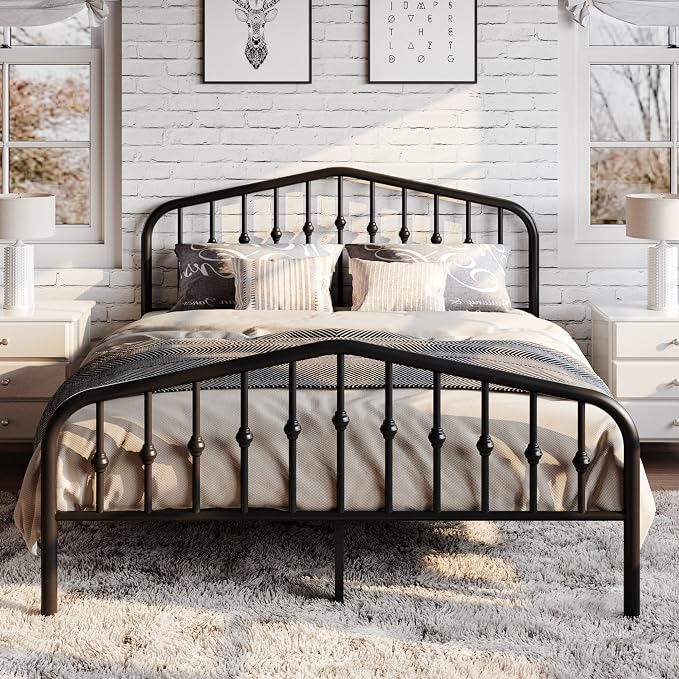 SHA CERLIN Queen Metal Bed Frame with Wrought Iron-Art Headboard, Black | Victorian Style Metal Platform Bed Frame, Wrought Iron-Art Headboard and Footboard, Under-Bed Storage, No Box Spring Needed
