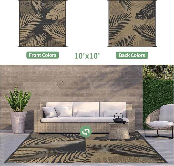GENIMO Outdoor Rug, Waterproof Plastic Rugs for Patio, 10'x10' Black Brown | Outside Larger Leaf Carpet Mat for Porch Decor, Deck, Camping, RV, Backyard, Balcony, Picnic, Beach, Reversible, Foldable