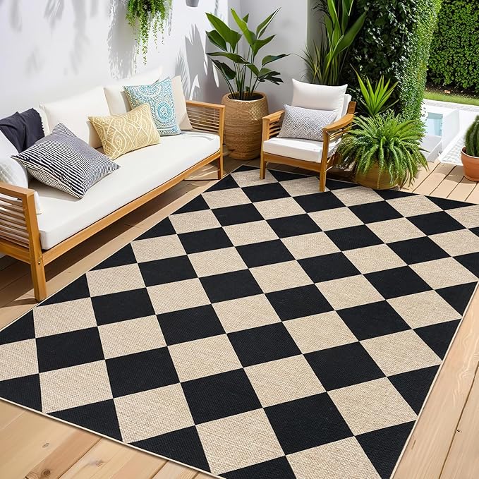 GarveeHome Easy Jute 8x10 Area Rugs for Living Room Checkered Rugs Machine Washable Non-Slip Backing Indoor Outdoor Carpets for Farmhouse Dining Room Nursery Patio Black