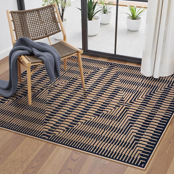 LIVEBOX Jute Look Area Rug 3x5 Indoor Front Door Mat, Washable Outdoor Porch Rugs Non Slip, Boho Geometric Striped Diamond Accent Rug for Entryway (Dark Blue Stripe)