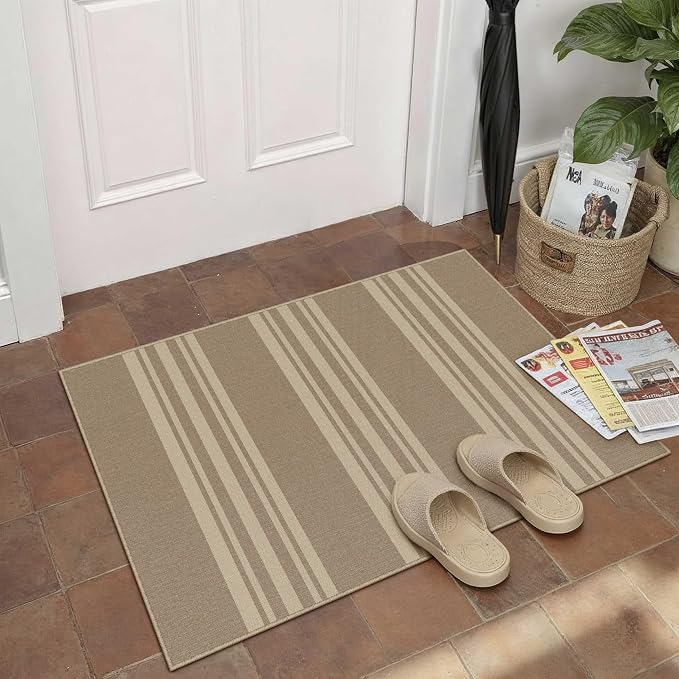 PureCozy Striped Easy Jute Rug 2x3 Khaki Entryway Carpet Washable Non Slip Door Mat Farmhouse Neutral Non Shedding Entry Small Indoor Outdoor Rug for Kitchen Bedroom Mudroom Bathroom
