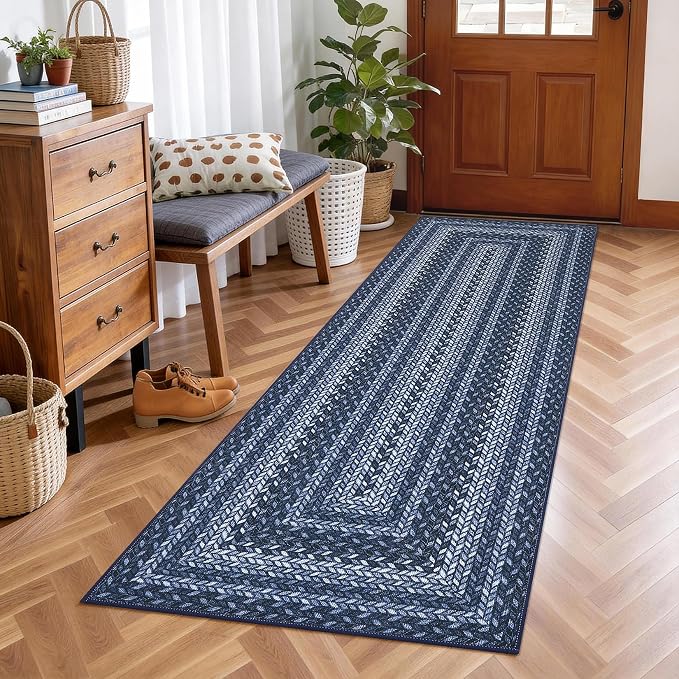 GarveeHome Indoor Easy Jute Runner Rug 2x6 Washable Kitchen Runner Rugs | Low Pile Non Slip Throw Runners Carpet Stain Resistant Long Hallway Mat Living Room Bedroom Bedside Area Rugs, Slates/Blue