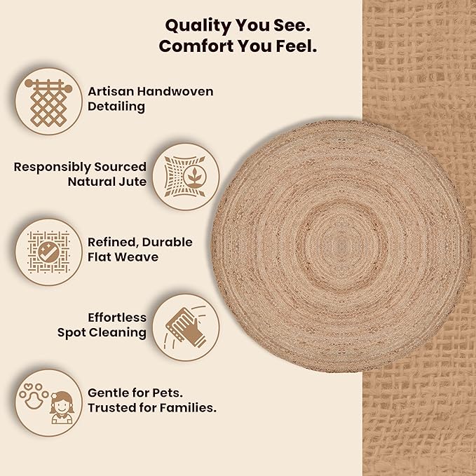 Craft Trade 5 Ft Round Jute Area Rug - Natural Braided Woven Circle Rug - Reversible & Eco-Friendly Floor Mat for Living Room, Bedroom & Dining Area (60 Inch, Natural)